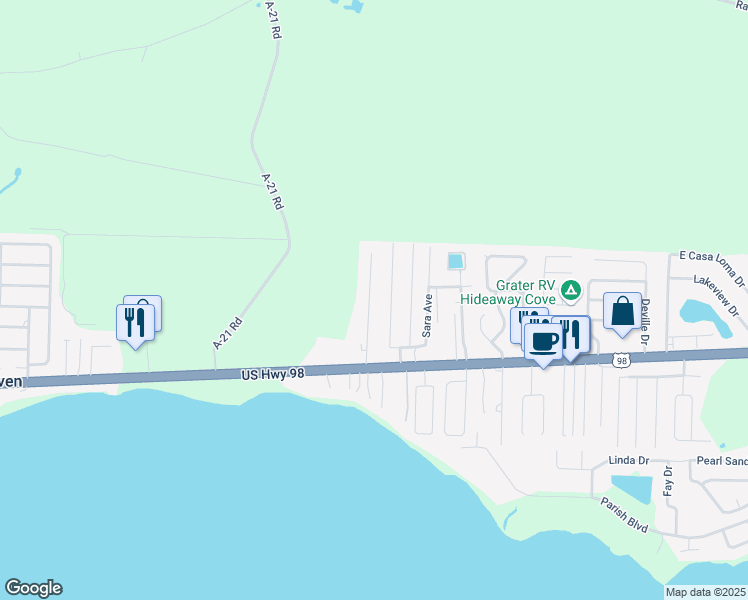 map of restaurants, bars, coffee shops, grocery stores, and more near 214 Green Drive in Mary Esther