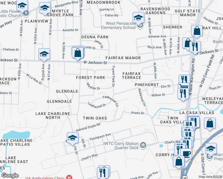 map of restaurants, bars, coffee shops, grocery stores, and more near 5516 Canterbury Circle in Pensacola