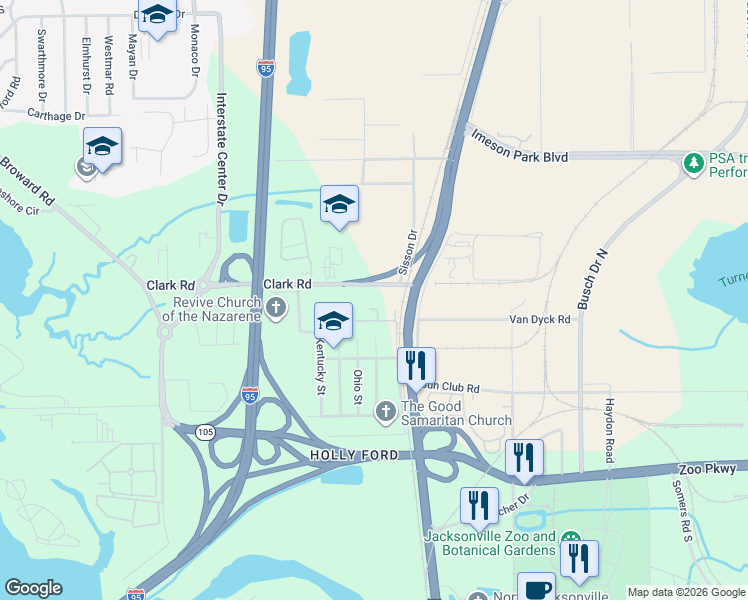 map of restaurants, bars, coffee shops, grocery stores, and more near 30 Clark Road in Jacksonville