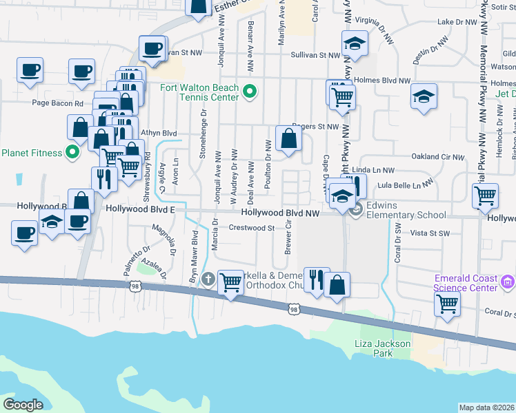 map of restaurants, bars, coffee shops, grocery stores, and more near 9 Poulton Drive Northwest in Fort Walton Beach