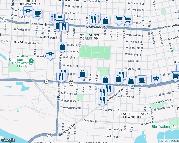map of restaurants, bars, coffee shops, grocery stores, and more near 1621 West Gregory Street in Pensacola