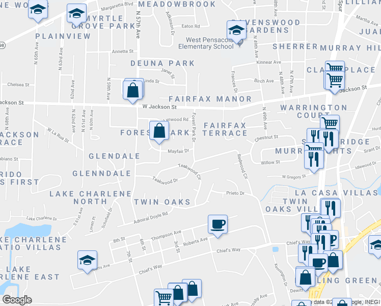 map of restaurants, bars, coffee shops, grocery stores, and more near 5516 Canterbury Circle in Pensacola