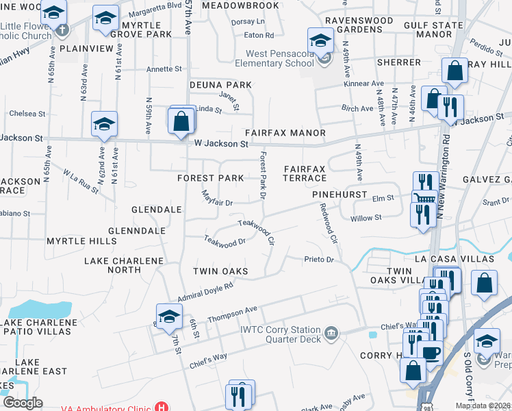 map of restaurants, bars, coffee shops, grocery stores, and more near 5516 Canterbury Circle in Pensacola