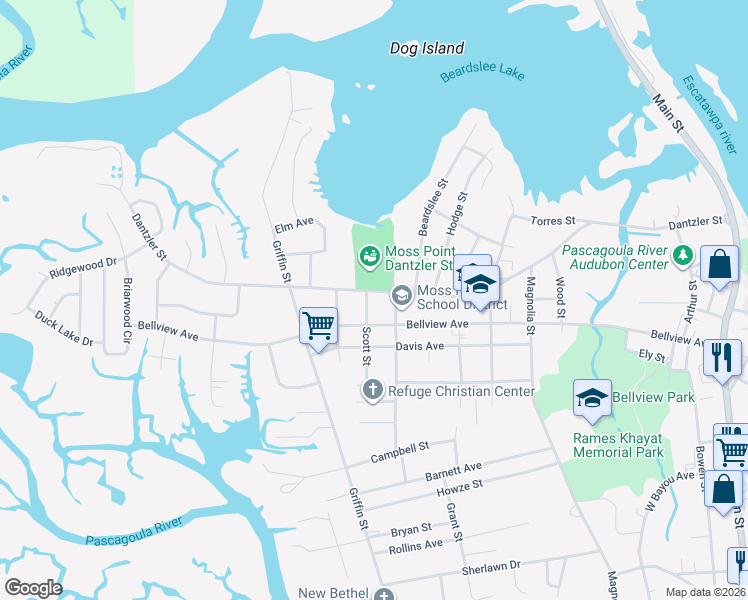 map of restaurants, bars, coffee shops, grocery stores, and more near 3401 Dantzler Street in Moss Point