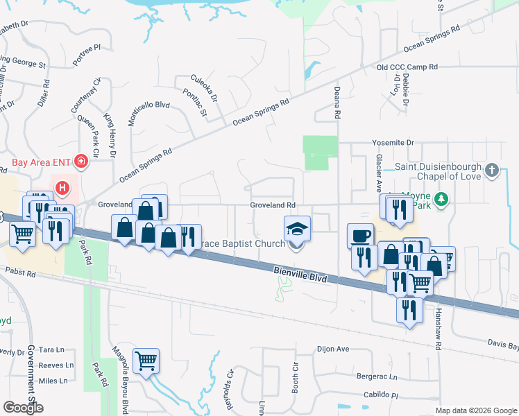 map of restaurants, bars, coffee shops, grocery stores, and more near 4104 Silverwood Drive in Ocean Springs
