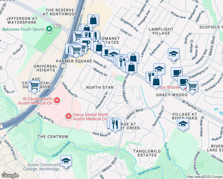 map of restaurants, bars, coffee shops, grocery stores, and more near 12405 Alderbrook Drive in Austin