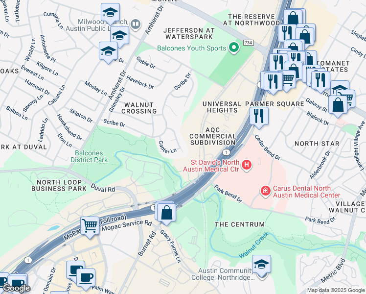 map of restaurants, bars, coffee shops, grocery stores, and more near 3010 Leaf Lane in Austin