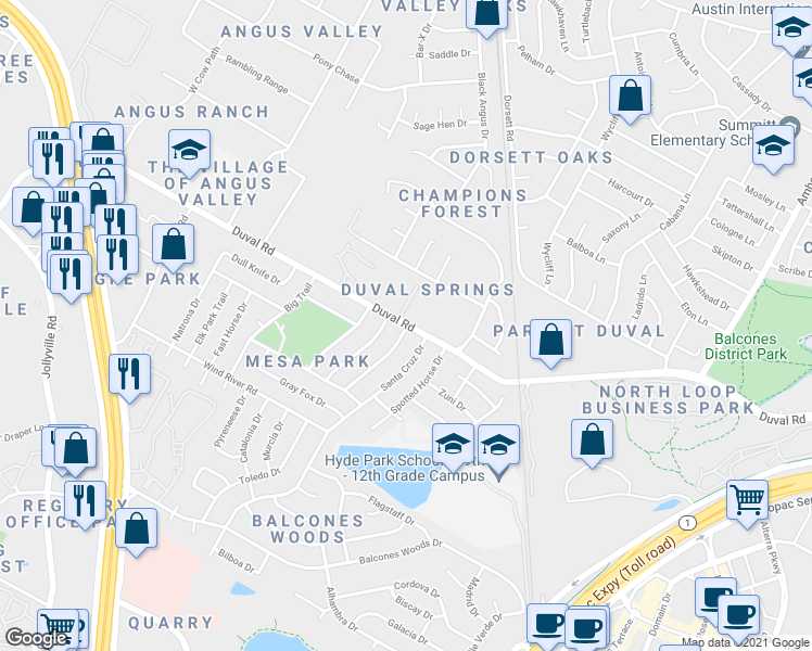 map of restaurants, bars, coffee shops, grocery stores, and more near 4508 Duval Road in Austin