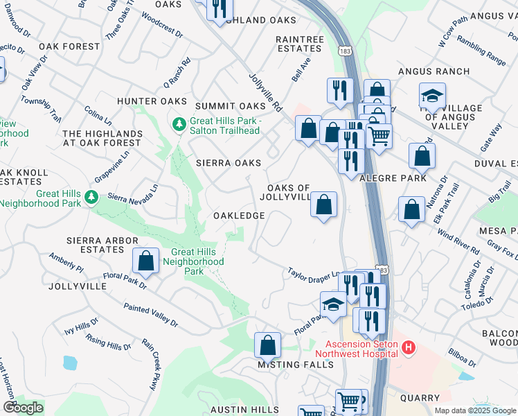 map of restaurants, bars, coffee shops, grocery stores, and more near 11318 Taylor Draper Lane in Austin