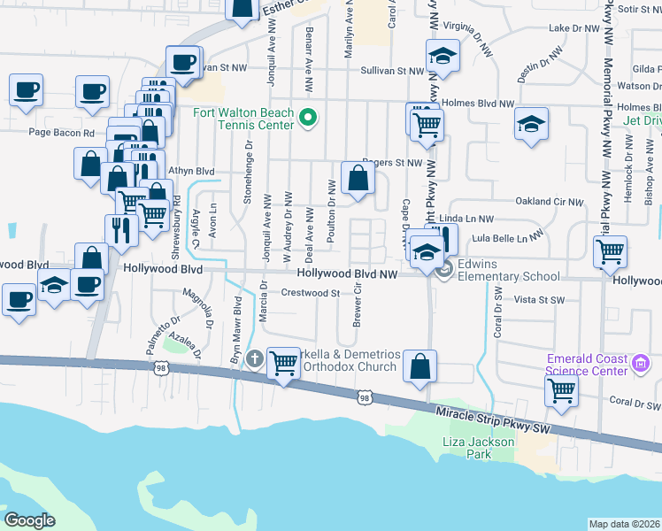 map of restaurants, bars, coffee shops, grocery stores, and more near 9 Poulton Drive Northwest in Fort Walton Beach