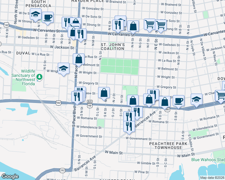 map of restaurants, bars, coffee shops, grocery stores, and more near 1621 West Gregory Street in Pensacola