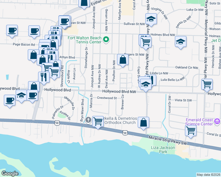 map of restaurants, bars, coffee shops, grocery stores, and more near 421 Hollywood Boulevard Southwest in Fort Walton Beach