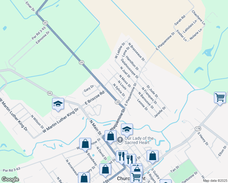 map of restaurants, bars, coffee shops, grocery stores, and more near 564 North Ethel Street in Church Point