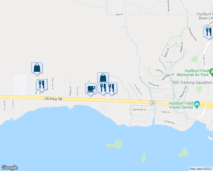 map of restaurants, bars, coffee shops, grocery stores, and more near 603 Drakes Landing in Mary Esther