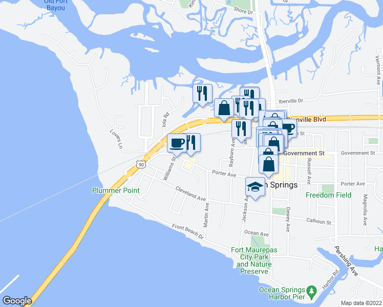 map of restaurants, bars, coffee shops, grocery stores, and more near 602 First Avenue in Ocean Springs