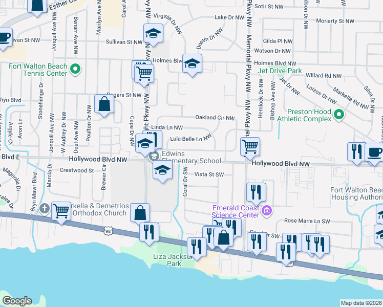 map of restaurants, bars, coffee shops, grocery stores, and more near 321 Oakland Circle Northwest in Fort Walton Beach