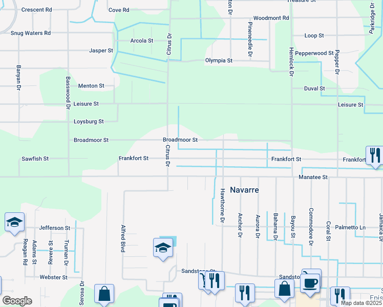 map of restaurants, bars, coffee shops, grocery stores, and more near 7299 Broadmoor Street in Navarre