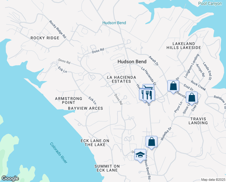 map of restaurants, bars, coffee shops, grocery stores, and more near Doss Road in Austin