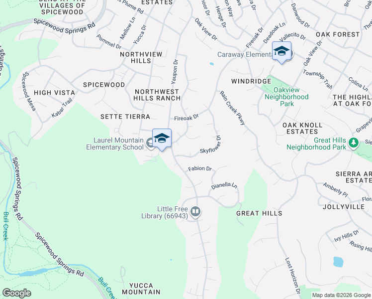 map of restaurants, bars, coffee shops, grocery stores, and more near 7405 Skyflower Cove in Austin