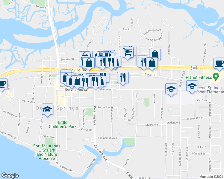 map of restaurants, bars, coffee shops, grocery stores, and more near Government St & Magnolia Ave in Ocean Springs
