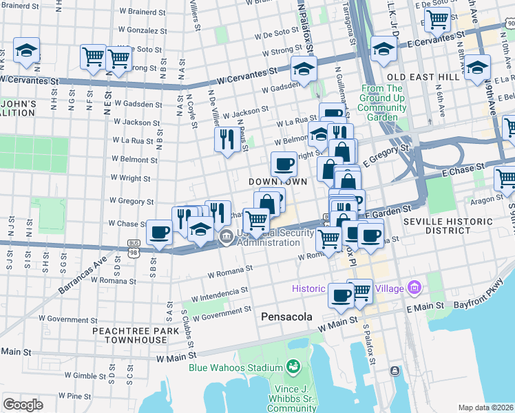 map of restaurants, bars, coffee shops, grocery stores, and more near 118 North Reus Street in Pensacola