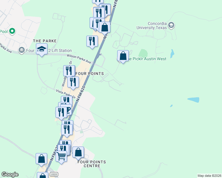 map of restaurants, bars, coffee shops, grocery stores, and more near 8021 Ranch Road 620 North in Austin