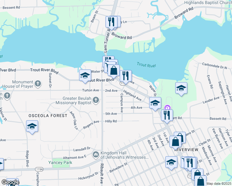 map of restaurants, bars, coffee shops, grocery stores, and more near 2355 2nd Avenue in Jacksonville