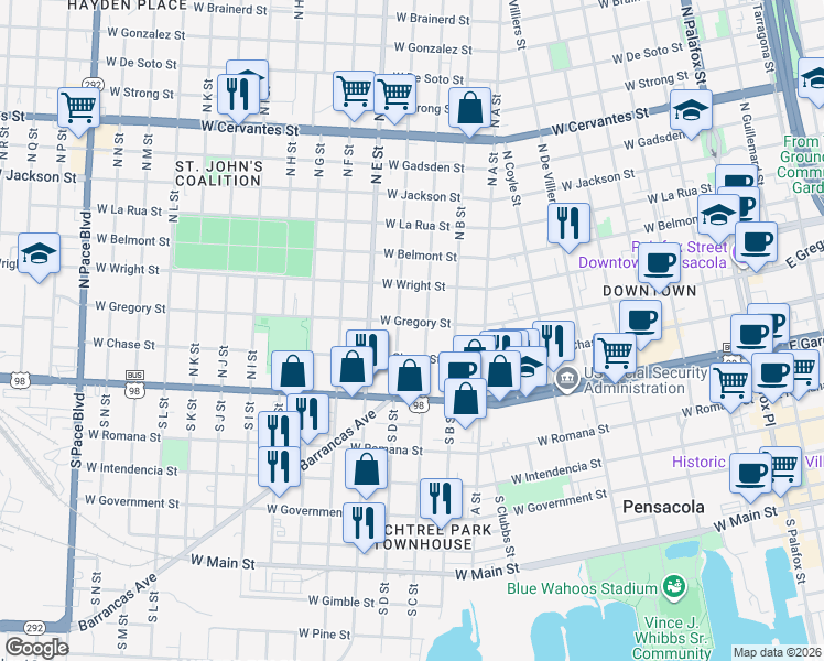 map of restaurants, bars, coffee shops, grocery stores, and more near 1000 West Gregory Street in Pensacola