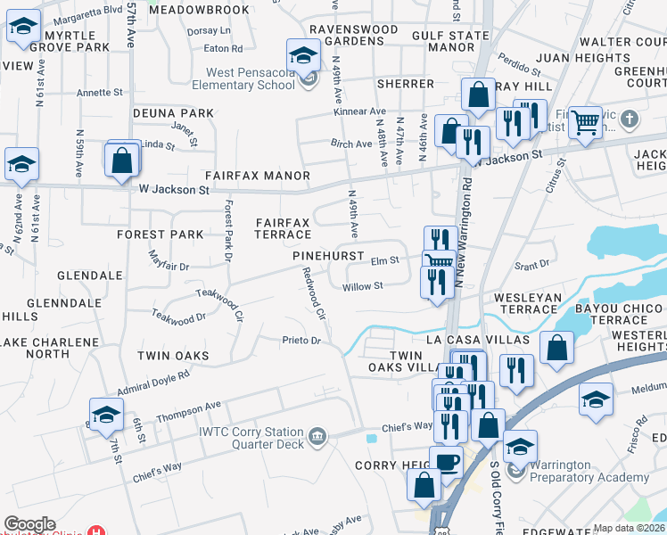 map of restaurants, bars, coffee shops, grocery stores, and more near 273 Chestnut Street in Pensacola