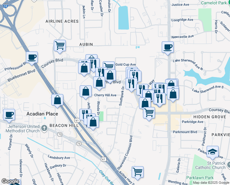map of restaurants, bars, coffee shops, grocery stores, and more near 10781 Coursey Boulevard in Baton Rouge