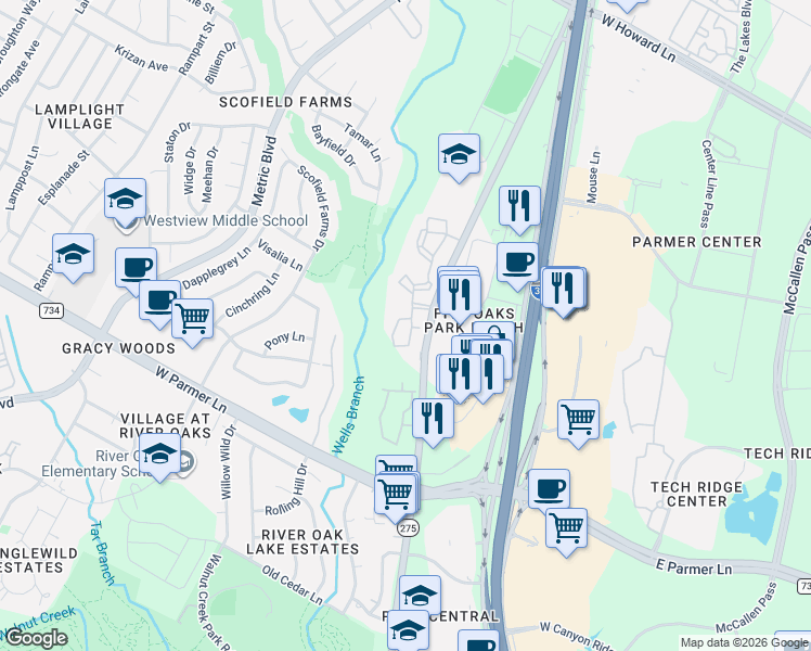 map of restaurants, bars, coffee shops, grocery stores, and more near 12820 North Lamar Boulevard in Austin