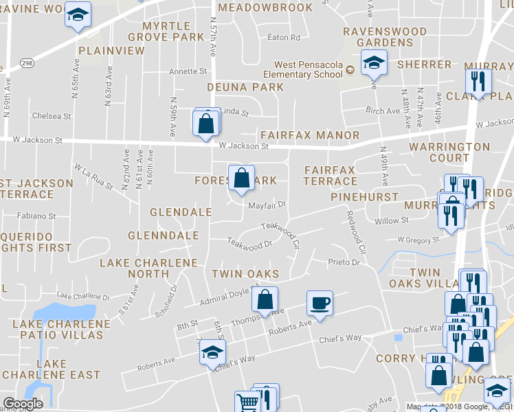 map of restaurants, bars, coffee shops, grocery stores, and more near 5520 Mayfair Drive in Pensacola