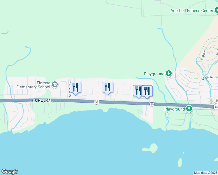 map of restaurants, bars, coffee shops, grocery stores, and more near 89 Josie Road in Mary Esther