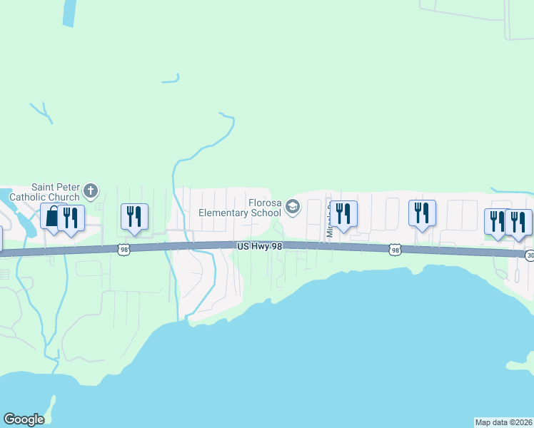 map of restaurants, bars, coffee shops, grocery stores, and more near 433 Forest Glen Place in Mary Esther