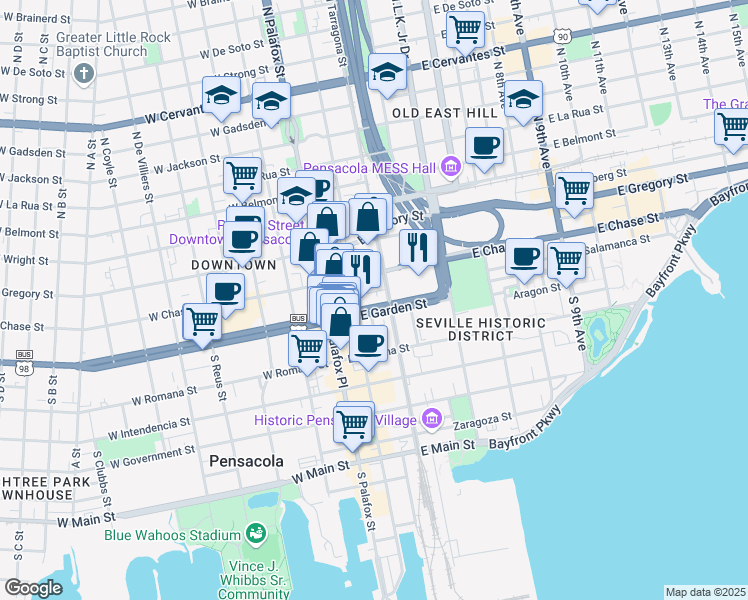 map of restaurants, bars, coffee shops, grocery stores, and more near 49 East Chase Street in Pensacola