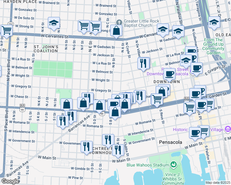 map of restaurants, bars, coffee shops, grocery stores, and more near 711 West Gregory Street in Pensacola