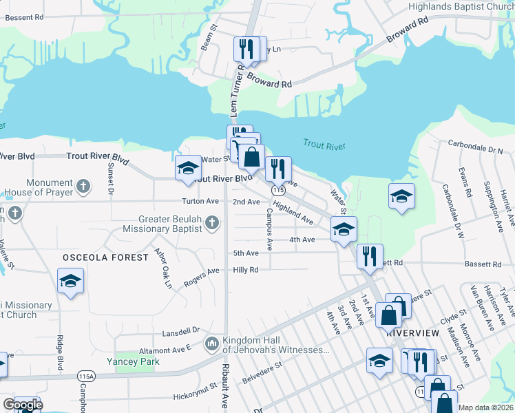 map of restaurants, bars, coffee shops, grocery stores, and more near 2355 2nd Avenue in Jacksonville