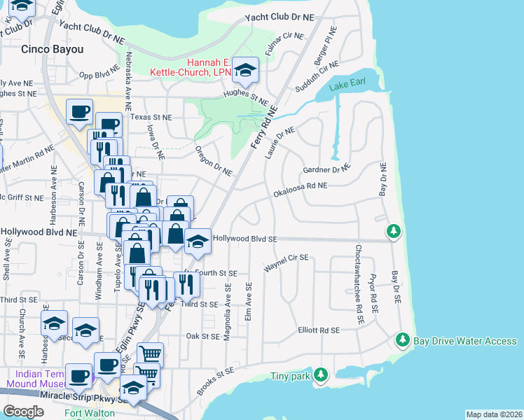 map of restaurants, bars, coffee shops, grocery stores, and more near 326 Okaloosa Road Northeast in Fort Walton Beach