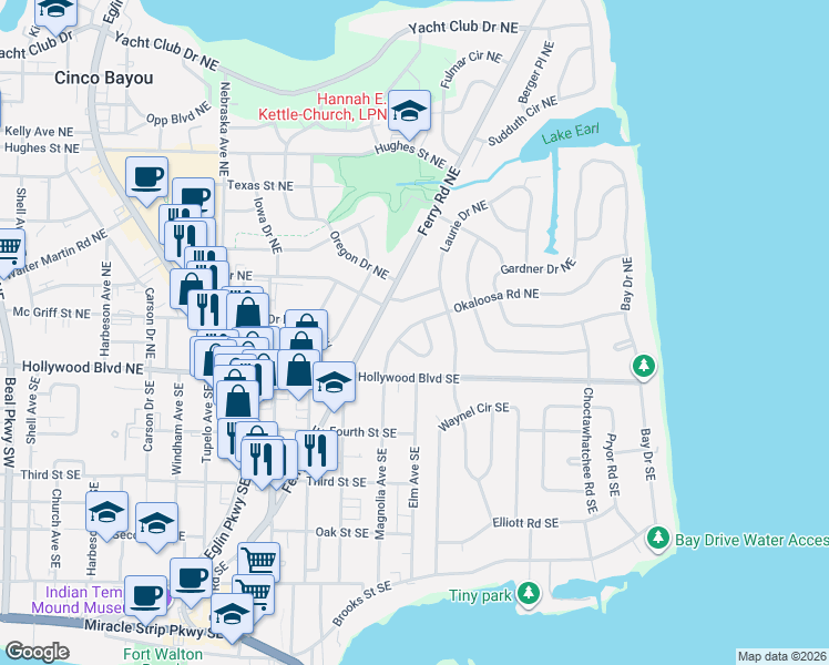 map of restaurants, bars, coffee shops, grocery stores, and more near 317 Okaloosa Road Northeast in Fort Walton Beach