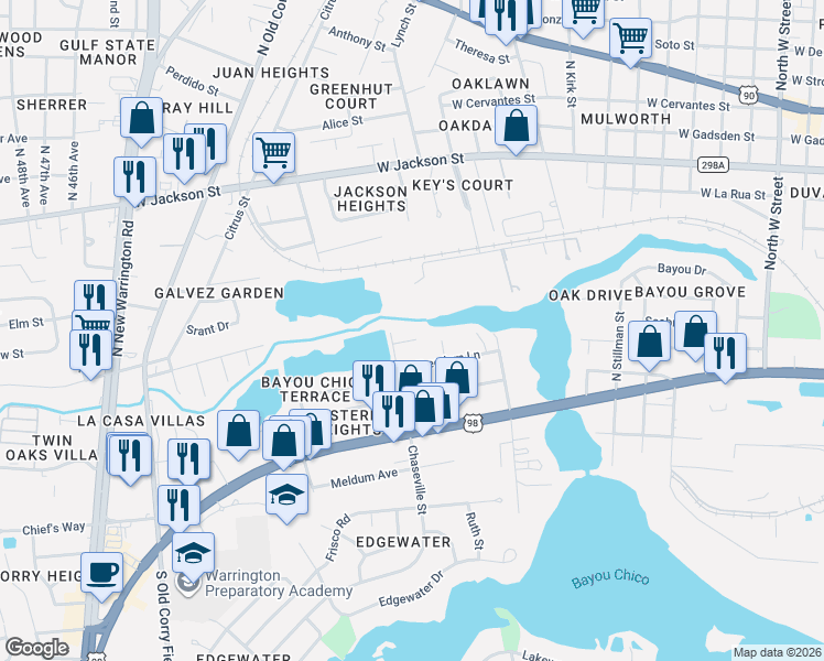 map of restaurants, bars, coffee shops, grocery stores, and more near 320 Bloomsdale Drive in Pensacola