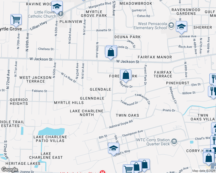 map of restaurants, bars, coffee shops, grocery stores, and more near 310 North 58th Avenue in Pensacola