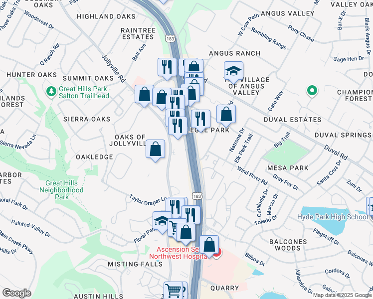 map of restaurants, bars, coffee shops, grocery stores, and more near Research Boulevard in Austin