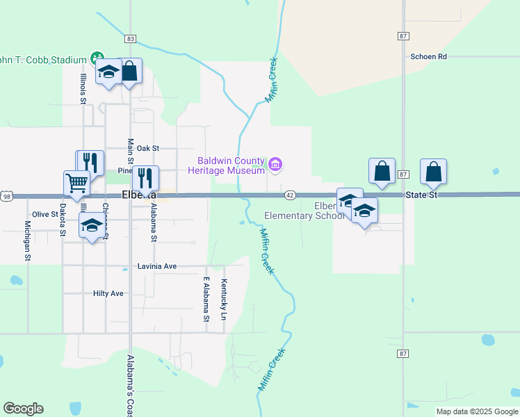 map of restaurants, bars, coffee shops, grocery stores, and more near 25431-25533 State Avenue in Elberta