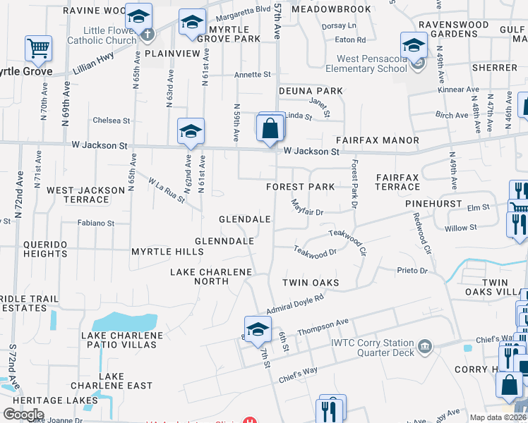 map of restaurants, bars, coffee shops, grocery stores, and more near 389 North 57th Avenue in Pensacola