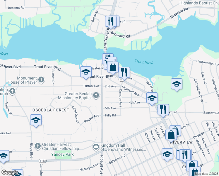 map of restaurants, bars, coffee shops, grocery stores, and more near 2355 2nd Avenue in Jacksonville
