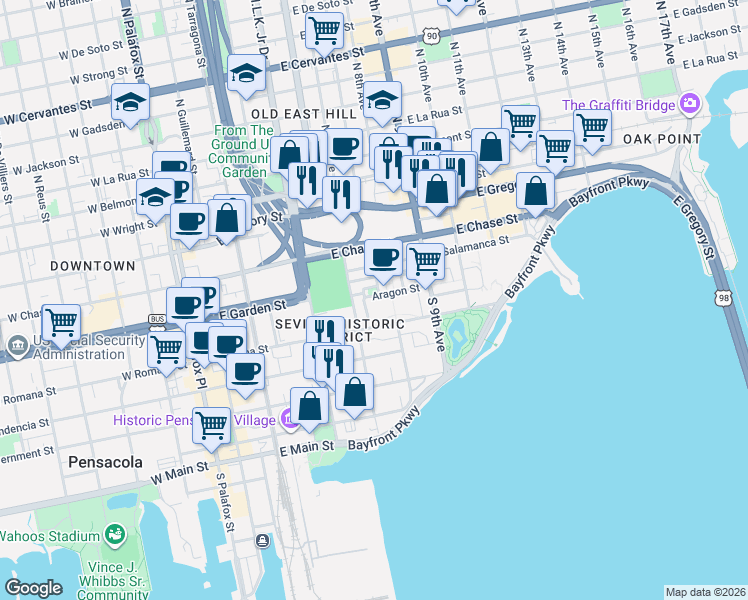 map of restaurants, bars, coffee shops, grocery stores, and more near 557 Aragon Street in Pensacola