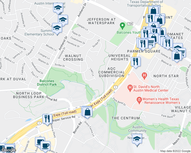 map of restaurants, bars, coffee shops, grocery stores, and more near 3010 Leaf Lane in Austin