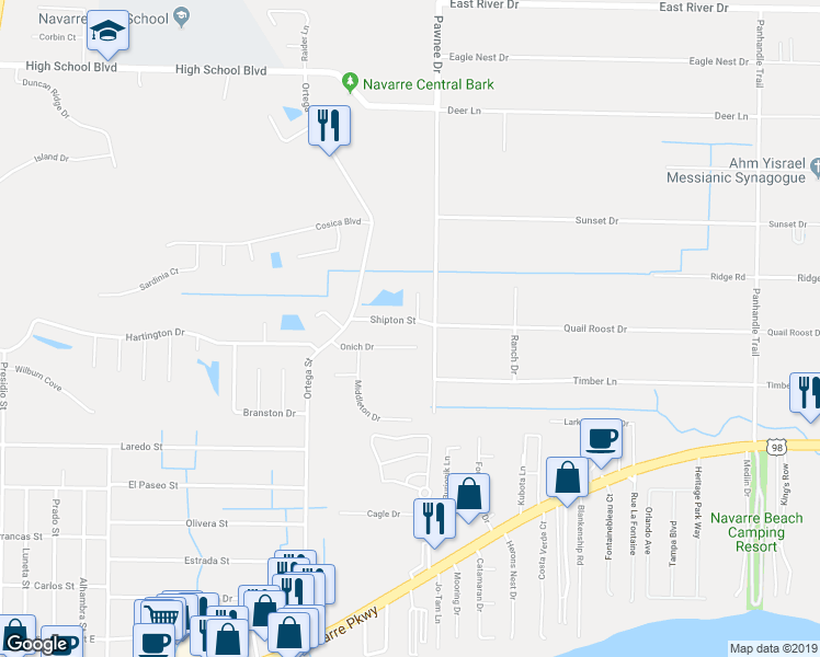 map of restaurants, bars, coffee shops, grocery stores, and more near 8377 Shipton Street in Navarre