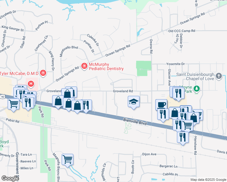 map of restaurants, bars, coffee shops, grocery stores, and more near 3725 Groveland Road in Ocean Springs