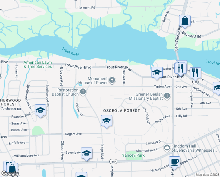 map of restaurants, bars, coffee shops, grocery stores, and more near 3656 Turton Avenue in Jacksonville